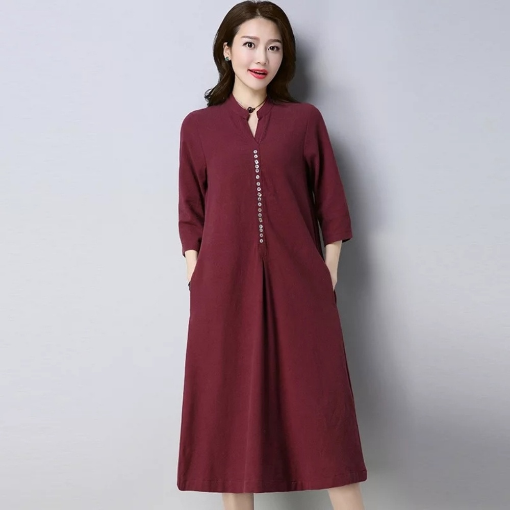 Burgundy linen casual dress v-neck vintage kaftan